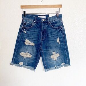 KanCan Dark Wash Distressed Bermuda High Waist Button Fly Raw Hem Jean Shorts